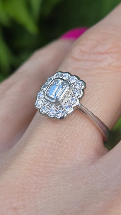 Vintage: Platinum 950 Art Deco Style Emerald Cut Diamond Cluster Ring — 0.87ct