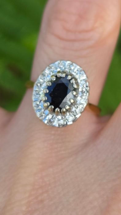 Vintage: 18ct Yellow Gold French Blue Sapphire & 16 Diamond Diana Cluster Ring — From 1980
