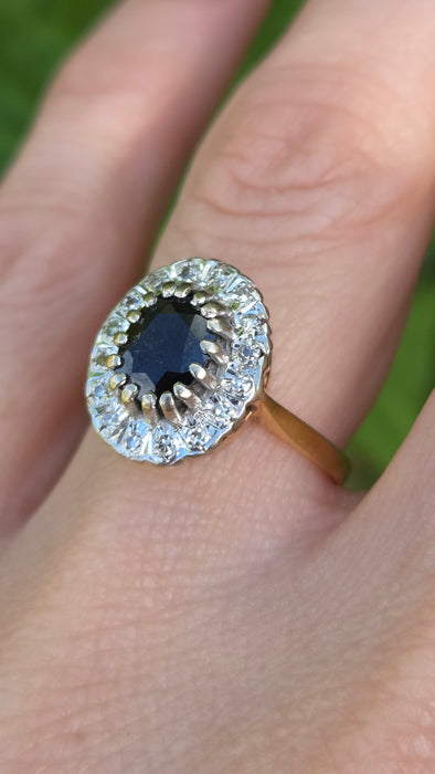 Vintage: 18ct Yellow Gold French Blue Sapphire & 16 Diamond Diana Cluster Ring — From 1980