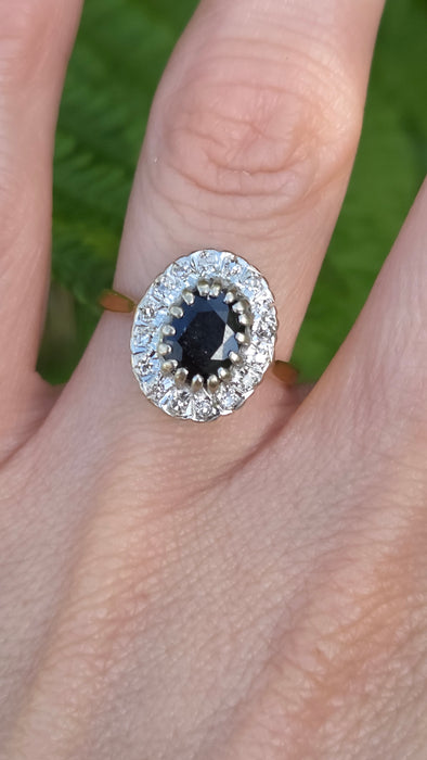 Vintage: 18ct Yellow Gold French Blue Sapphire & 16 Diamond Diana Cluster Ring — From 1980