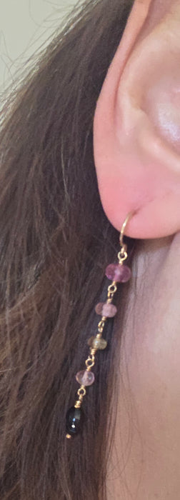 Vintage: 9ct Yellow Gold Jadeite, Morganite & Peridot Beaded Drop Earrings