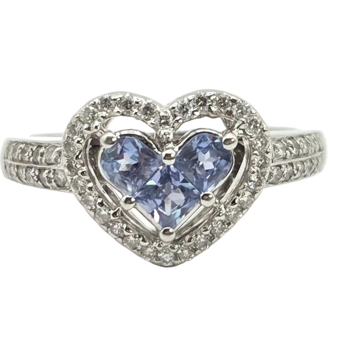 Vintage: 18ct White Gold Ceylon Sapphire & Diamond Heart Cluster Ring — 0.44ct & 0.30ct