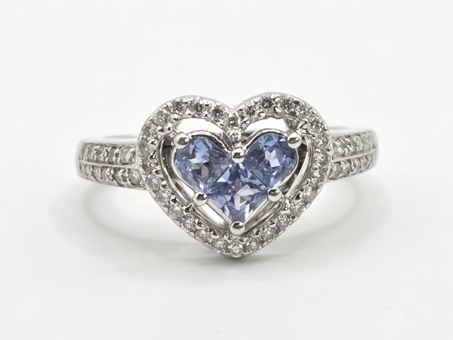 Vintage: 18ct White Gold Ceylon Sapphire & Diamond Heart Cluster Ring — 0.44ct & 0.30ct