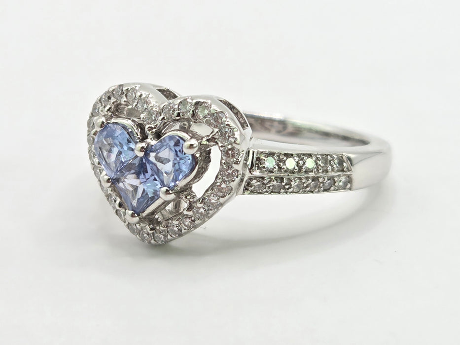 Vintage: 18ct White Gold Ceylon Sapphire & Diamond Heart Cluster Ring — 0.44ct & 0.30ct