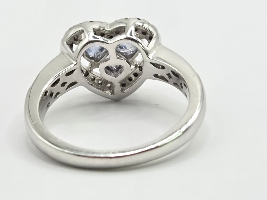 Vintage: 18ct White Gold Ceylon Sapphire & Diamond Heart Cluster Ring — 0.44ct & 0.30ct