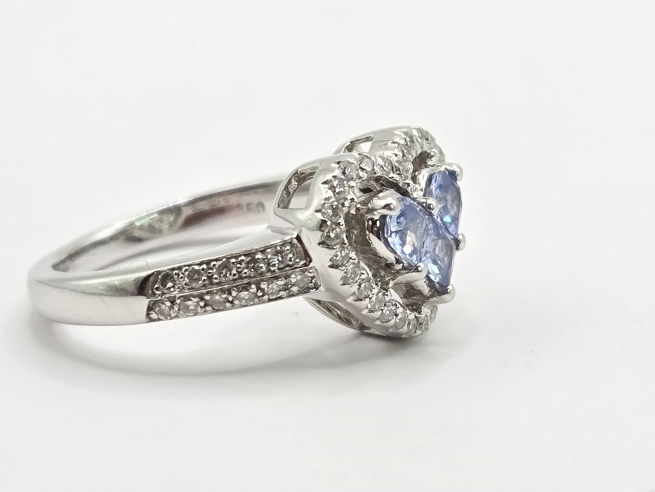 Vintage: 18ct White Gold Ceylon Sapphire & Diamond Heart Cluster Ring — 0.44ct & 0.30ct