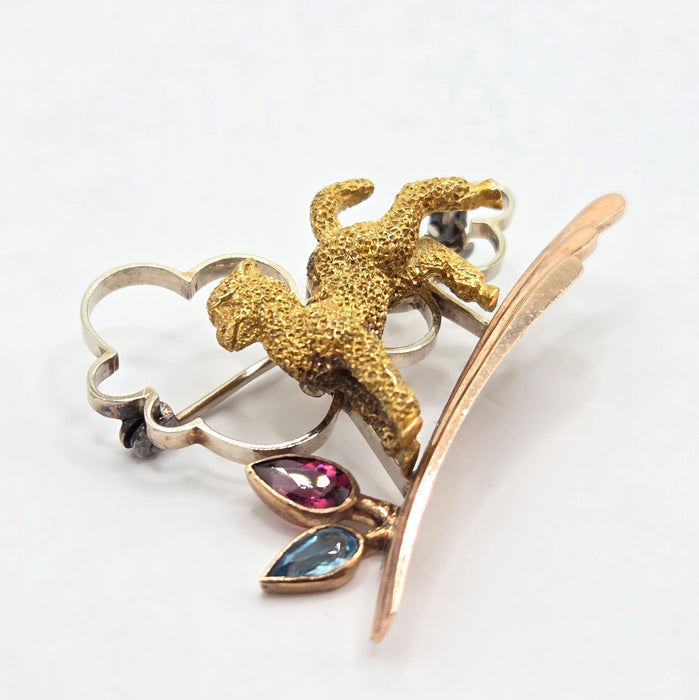 Vintage: 9ct Three Colour Gold Tourmaline & Aquamarine Brooch — Alabaster & Wilson — 0.25ct