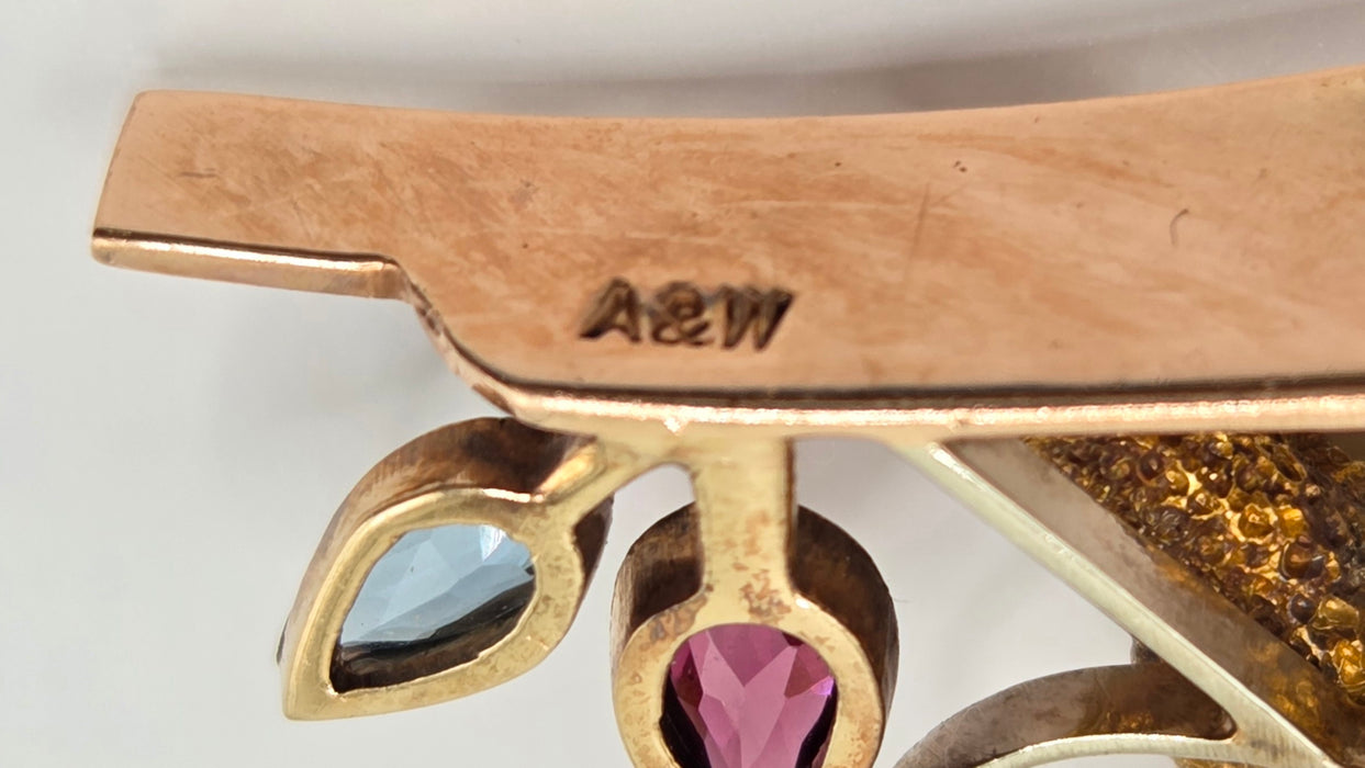 Vintage: 9ct Three Colour Gold Tourmaline & Aquamarine Brooch — Alabaster & Wilson — 0.25ct