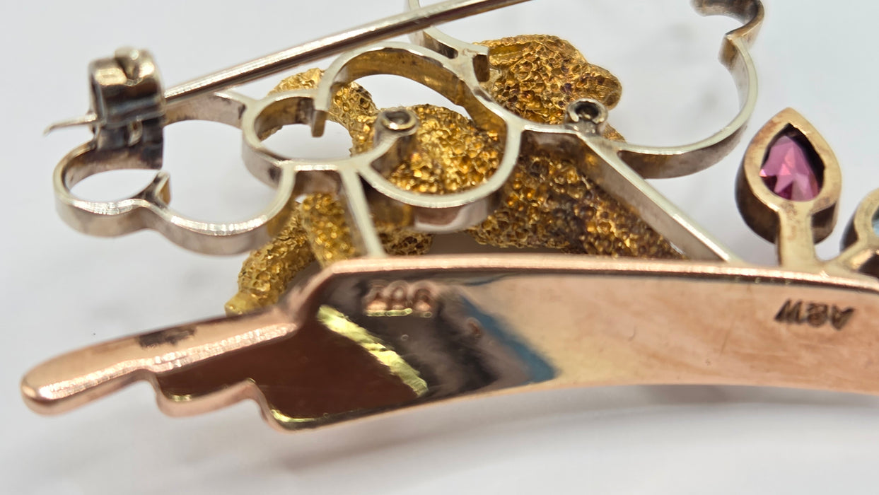 Vintage: 9ct Three Colour Gold Tourmaline & Aquamarine Brooch — Alabaster & Wilson — 0.25ct