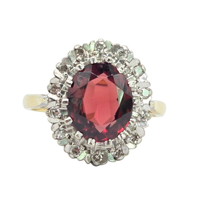 Vintage: 18ct Yellow Gold Garnet & Diamond Cluster Ring — 2.60ct & 0.21ct — From 1983