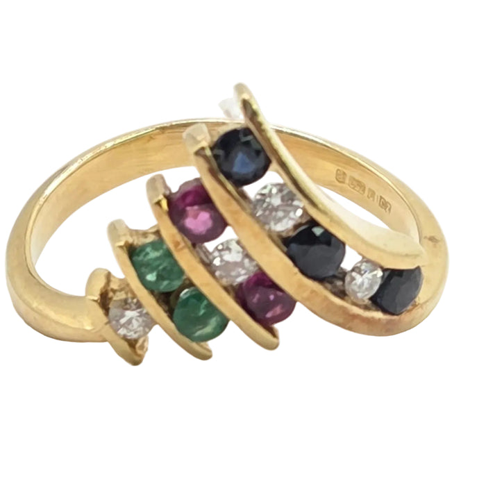 Vintage: 18ct Yellow Gold Diamond, Emerald, Ruby & Sapphire Wishbone Ring — 0.27ct — From 1989