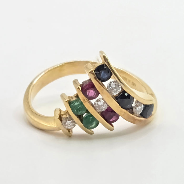 Vintage: 18ct Yellow Gold Diamond, Emerald, Ruby & Sapphire Wishbone Ring — 0.27ct — From 1989