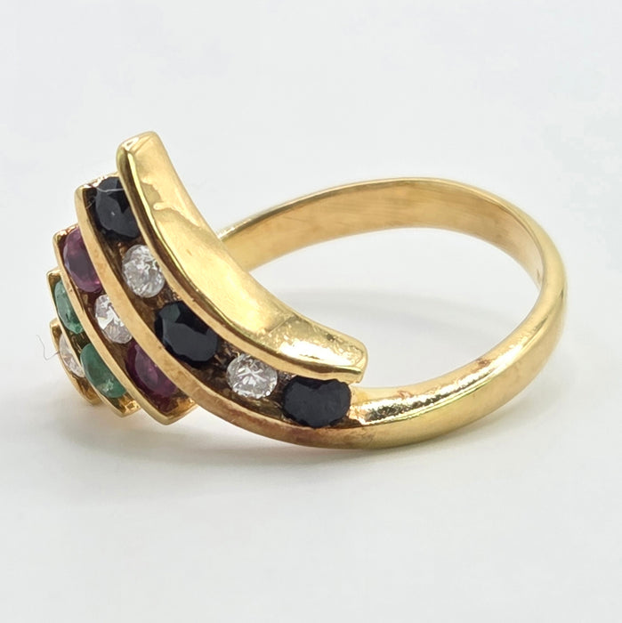 Vintage: 18ct Yellow Gold Diamond, Emerald, Ruby & Sapphire Wishbone Ring — 0.27ct — From 1989