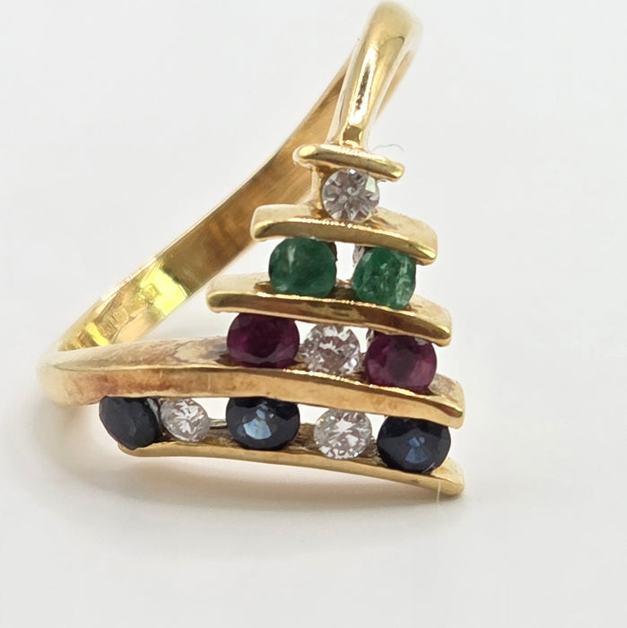 Vintage: 18ct Yellow Gold Diamond, Emerald, Ruby & Sapphire Wishbone Ring — 0.27ct — From 1989