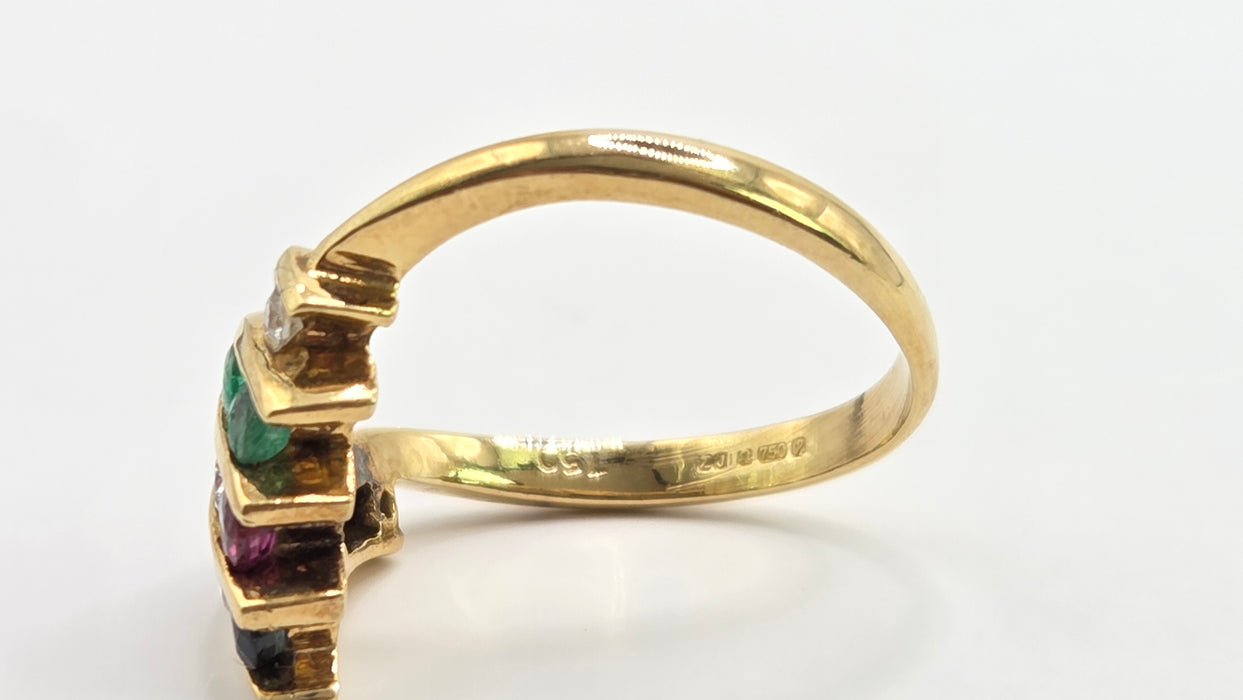 Vintage: 18ct Yellow Gold Diamond, Emerald, Ruby & Sapphire Wishbone Ring — 0.27ct — From 1989