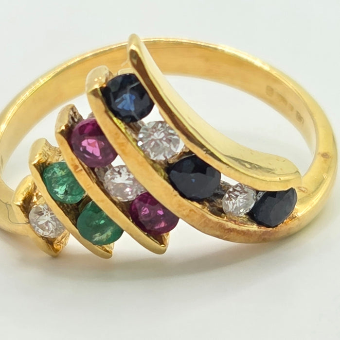 Vintage: 18ct Yellow Gold Diamond, Emerald, Ruby & Sapphire Wishbone Ring — 0.27ct — From 1989