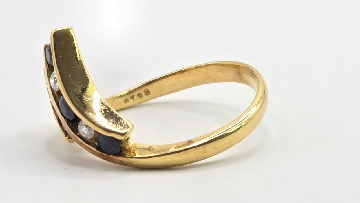 Vintage: 18ct Yellow Gold Diamond, Emerald, Ruby & Sapphire Wishbone Ring — 0.27ct — From 1989
