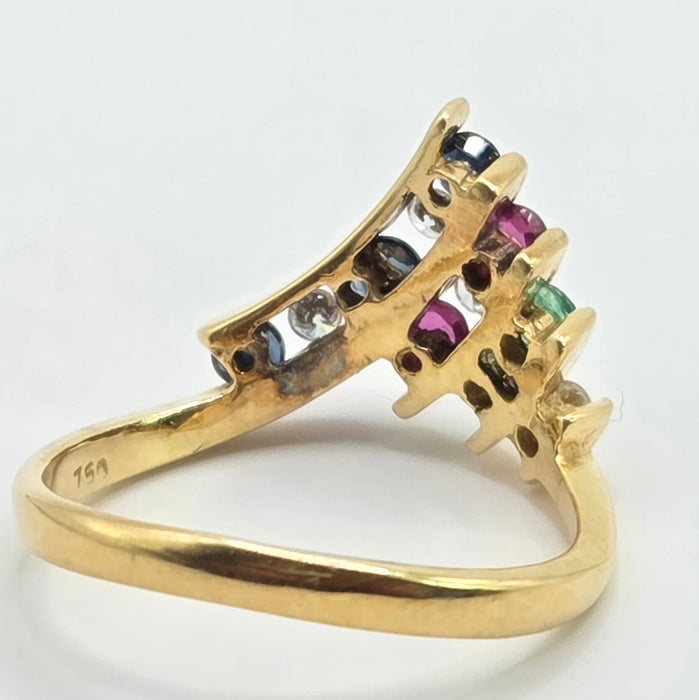 Vintage: 18ct Yellow Gold Diamond, Emerald, Ruby & Sapphire Wishbone Ring — 0.27ct — From 1989