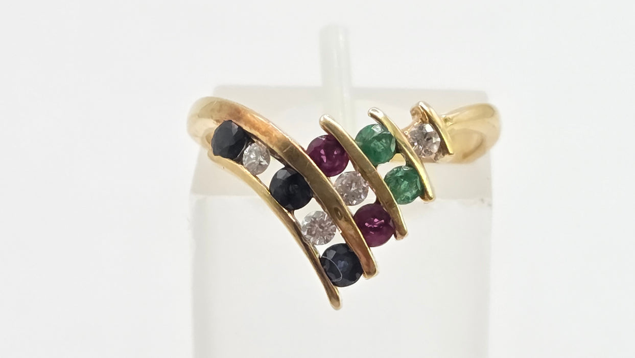 Vintage: 18ct Yellow Gold Diamond, Emerald, Ruby & Sapphire Wishbone Ring — 0.27ct — From 1989