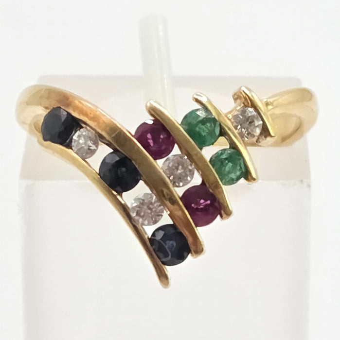 Vintage: 18ct Yellow Gold Diamond, Emerald, Ruby & Sapphire Wishbone Ring — 0.27ct — From 1989