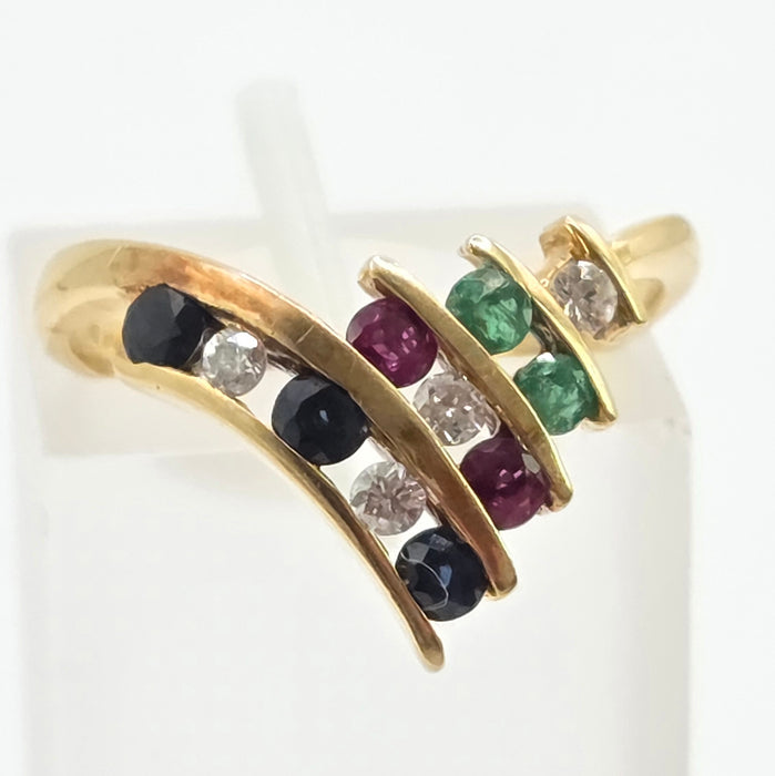 Vintage: 18ct Yellow Gold Diamond, Emerald, Ruby & Sapphire Wishbone Ring — 0.27ct — From 1989