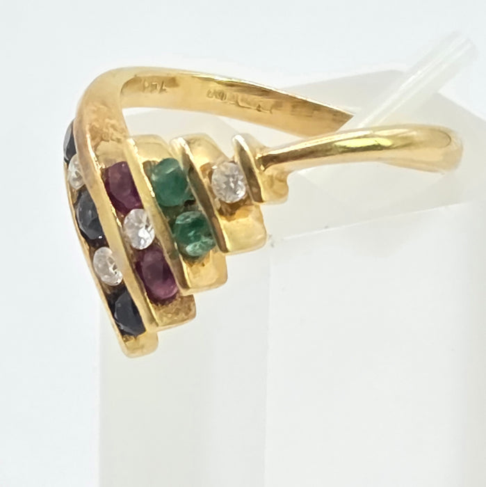 Vintage: 18ct Yellow Gold Diamond, Emerald, Ruby & Sapphire Wishbone Ring — 0.27ct — From 1989