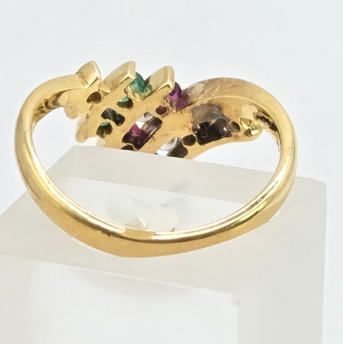 Vintage: 18ct Yellow Gold Diamond, Emerald, Ruby & Sapphire Wishbone Ring — 0.27ct — From 1989