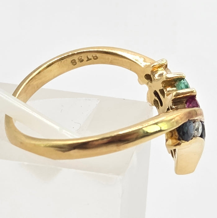 Vintage: 18ct Yellow Gold Diamond, Emerald, Ruby & Sapphire Wishbone Ring — 0.27ct — From 1989