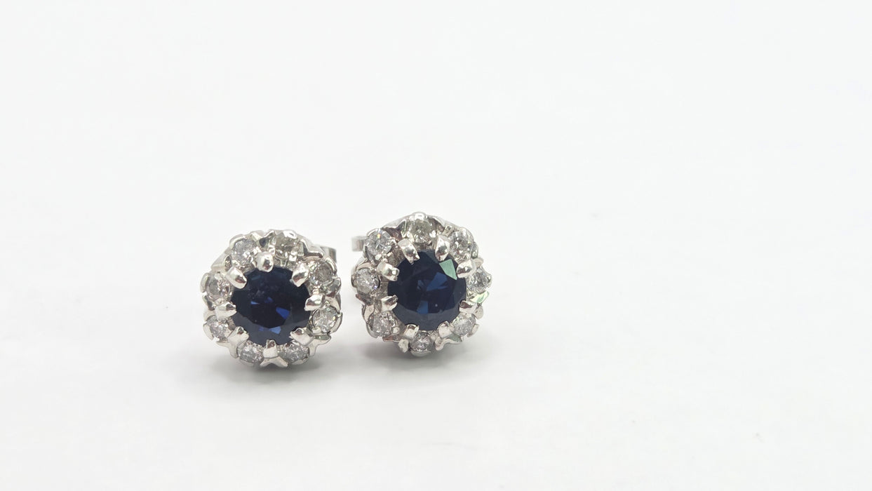 Vintage: 18ct White Gold Sapphire & Diamond Cluster Stud Earrings — From 1982