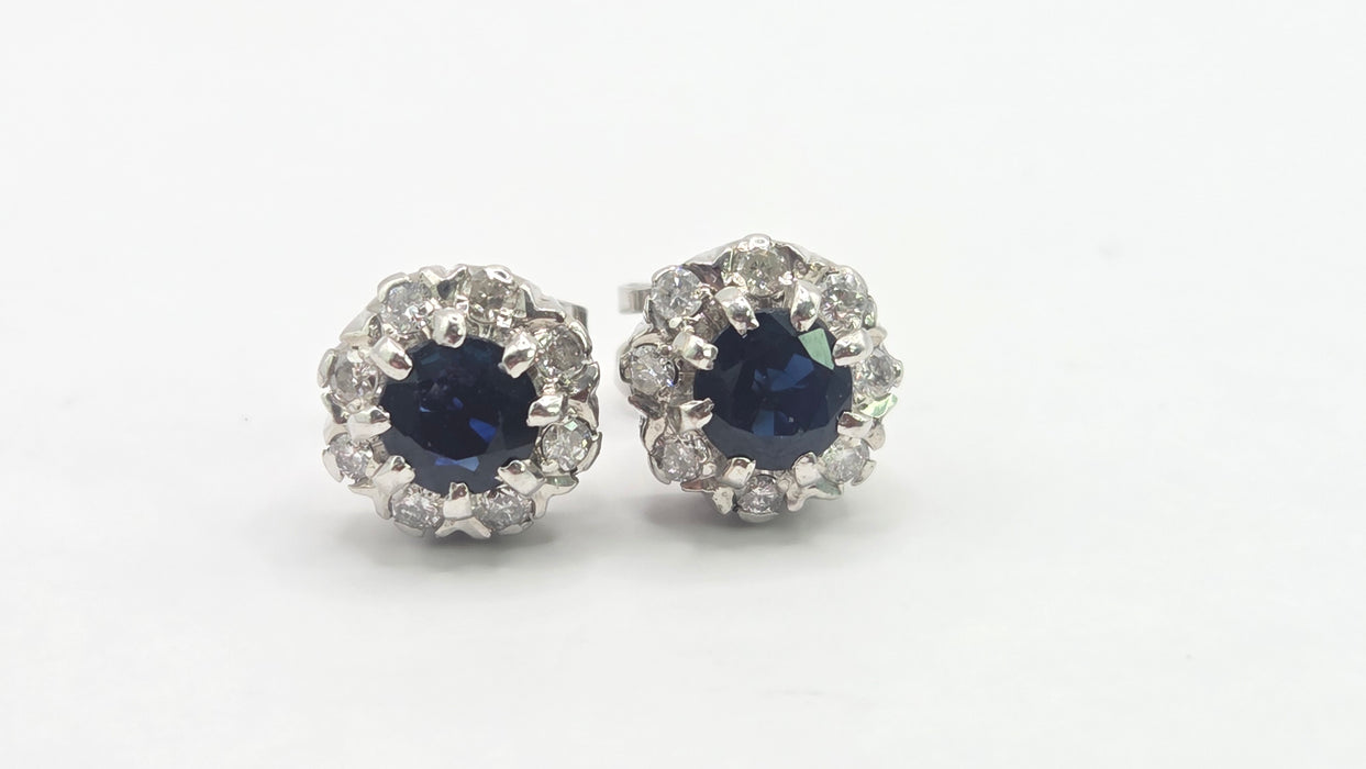 Vintage: 18ct White Gold Sapphire & Diamond Cluster Stud Earrings — From 1982