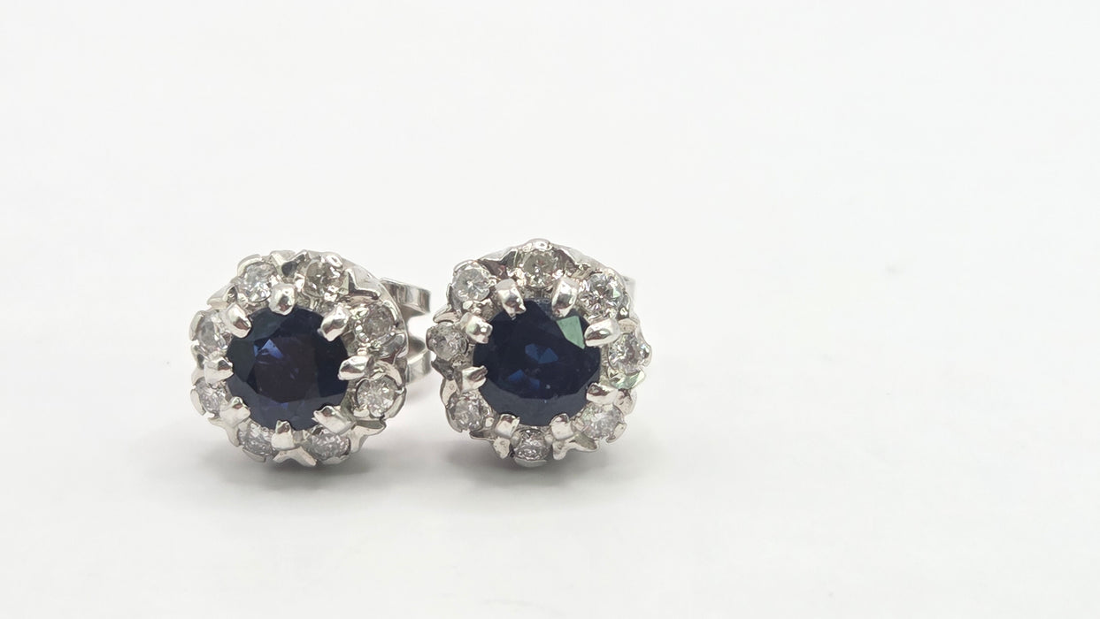 Vintage: 18ct White Gold Sapphire & Diamond Cluster Stud Earrings — From 1982
