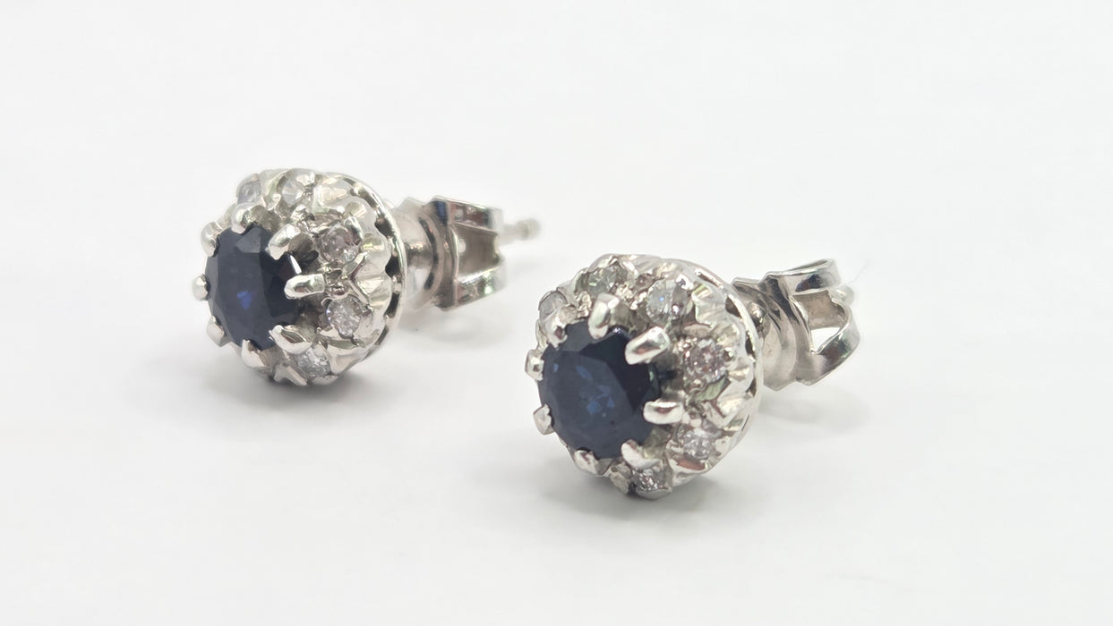 Vintage: 18ct White Gold Sapphire & Diamond Cluster Stud Earrings — From 1982