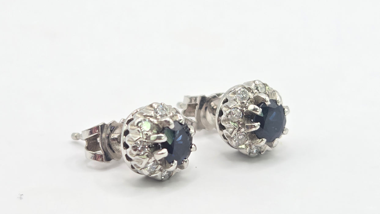 Vintage: 18ct White Gold Sapphire & Diamond Cluster Stud Earrings — From 1982