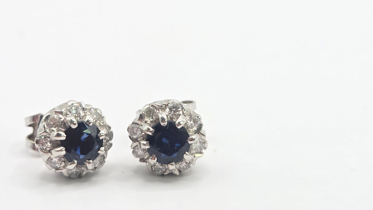 Vintage: 18ct White Gold Sapphire & Diamond Cluster Stud Earrings — From 1982