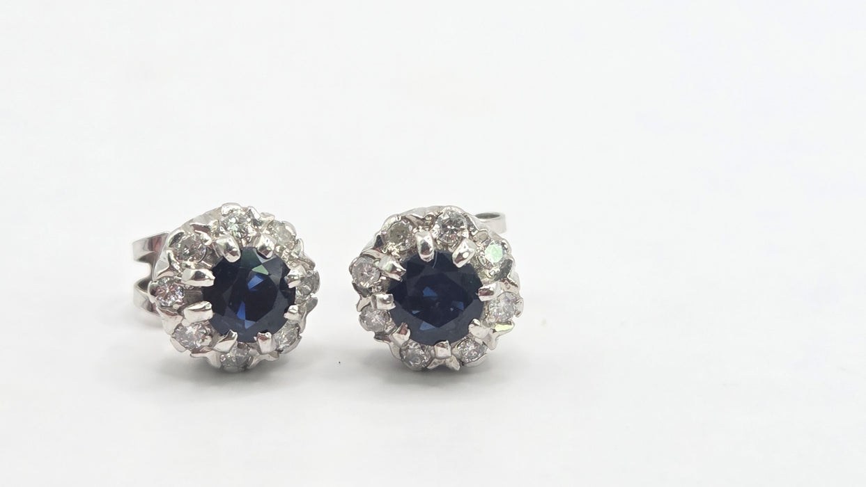Vintage: 18ct White Gold Sapphire & Diamond Cluster Stud Earrings — From 1982