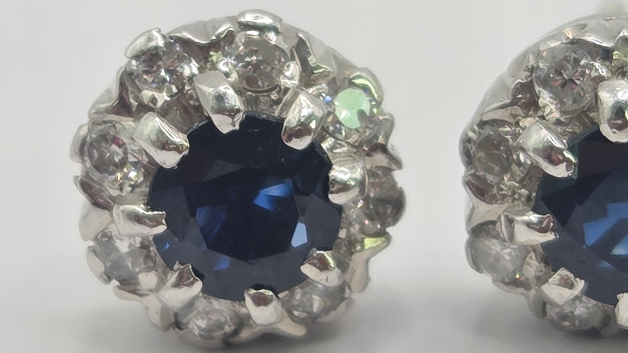Vintage: 18ct White Gold Sapphire & Diamond Cluster Stud Earrings — From 1982
