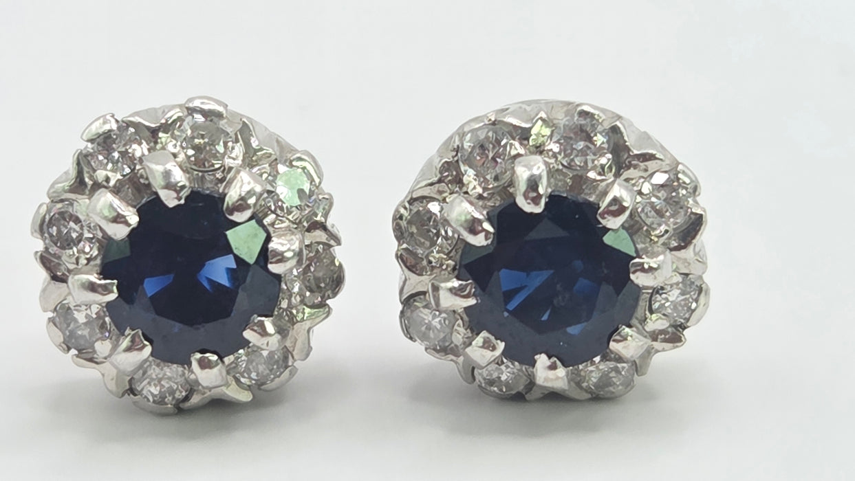 Vintage: 18ct White Gold Sapphire & Diamond Cluster Stud Earrings — From 1982