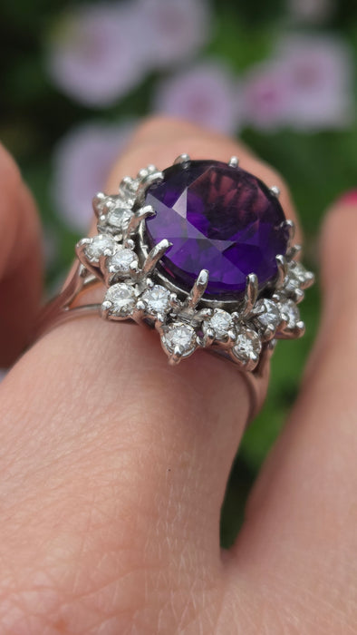 Vintage: 18ct White Gold Amethyst & Diamond Cluster Ring — 7.00ct Amethyst / 1.20ct Diamonds