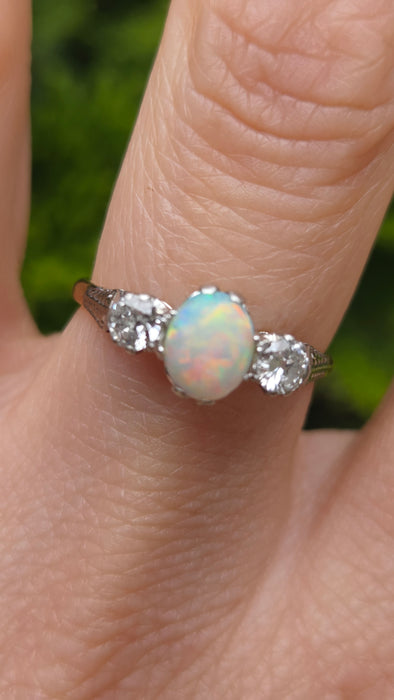 Vintage: 18ct Yellow Gold & Platinum Opal & Diamond Three-Stone Ring — 0.36ct