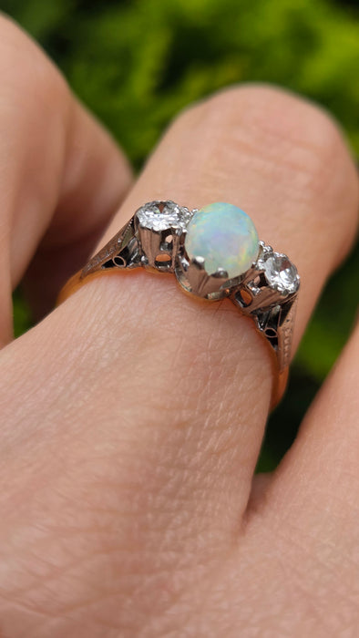 Vintage: 18ct Yellow Gold & Platinum Opal & Diamond Three-Stone Ring — 0.36ct