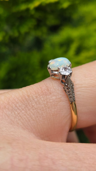 Vintage: 18ct Yellow Gold & Platinum Opal & Diamond Three-Stone Ring — 0.36ct