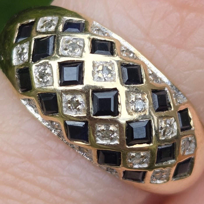 Vintage: 9ct Gold Blue Sapphire & Natural Diamond Geometric Lattice Dress Ring