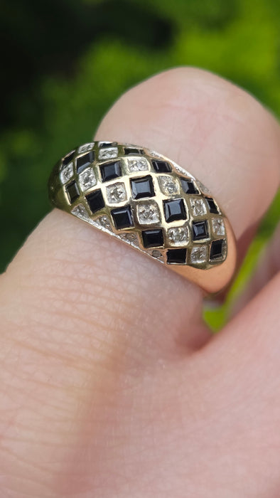 Vintage: 9ct Gold Blue Sapphire & Natural Diamond Geometric Lattice Dress Ring