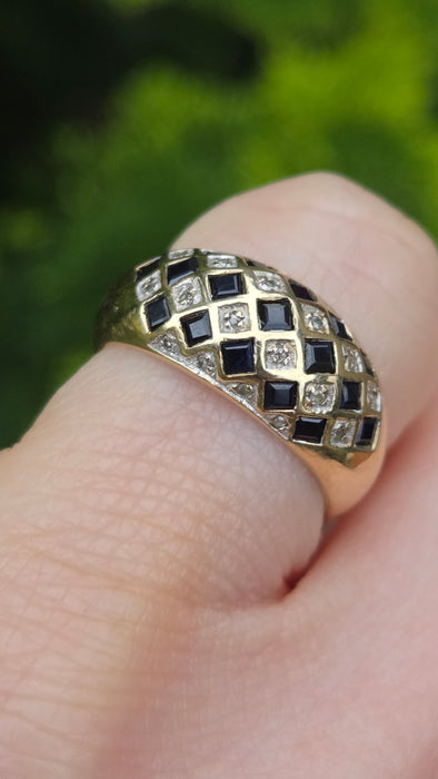 Vintage: 9ct Gold Blue Sapphire & Natural Diamond Geometric Lattice Dress Ring