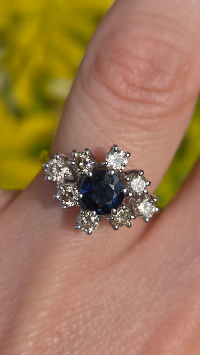 Vintage: 18ct White Gold Sapphire & Diamond Cluster Ring — 0.95ct Sapphire / 0.80ct Diamonds