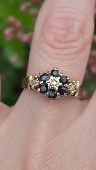 Vintage: 9ct Gold Blue Sapphire & Diamond Flowerhead Ring — From 1975