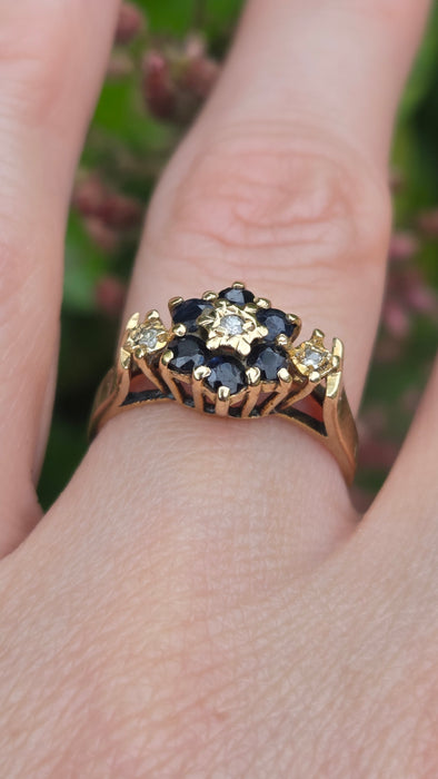 Vintage: 9ct Gold Blue Sapphire & Diamond Flowerhead Ring — From 1975