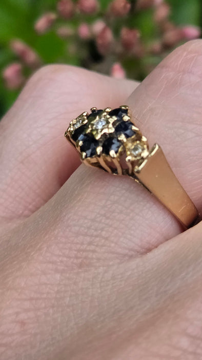 Vintage: 9ct Gold Blue Sapphire & Diamond Flowerhead Ring — From 1975