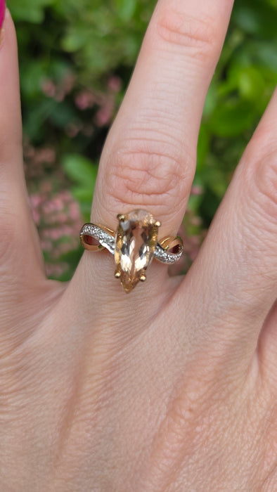 Vintage: 9ct Yellow Gold Pink Morganite & Diamond Cocktail Ring