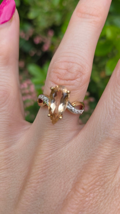 Vintage: 9ct Yellow Gold Pink Morganite & Diamond Cocktail Ring